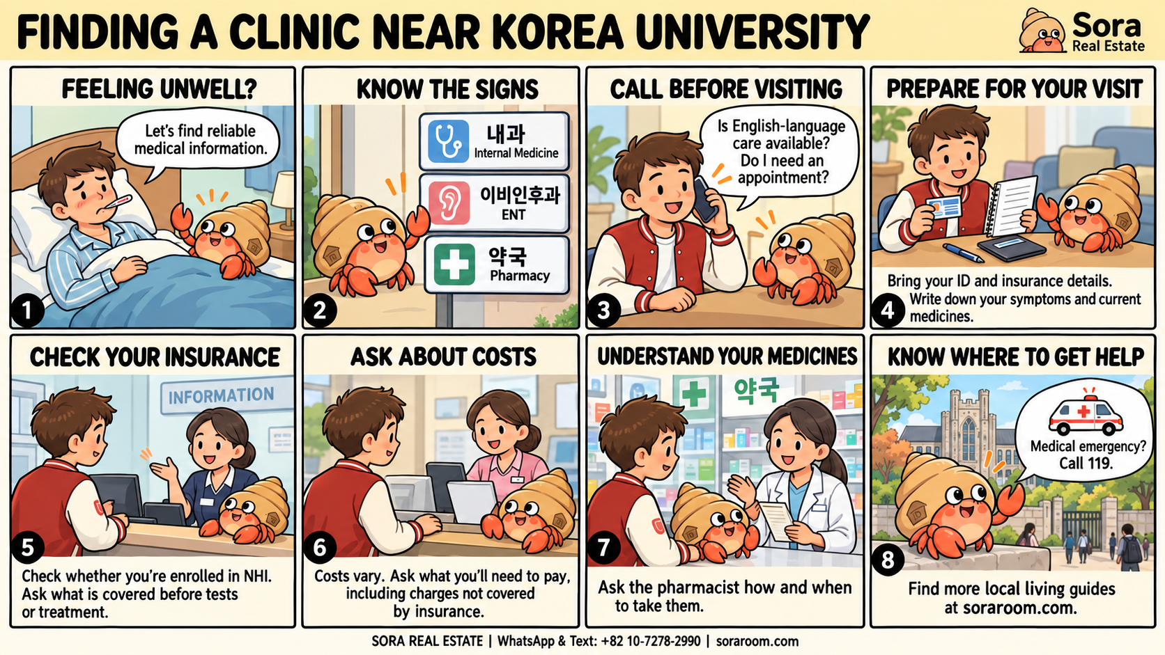 Sora-ge’s eight-panel guide to Korean clinic signs, appointments, visit preparation, insurance, costs, pharmacy questions and calling 119 in a medical emergency.