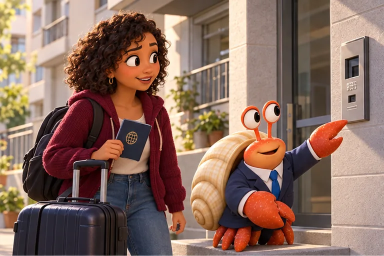 An international student with a passport and luggage checks move-in preparations with Sora.