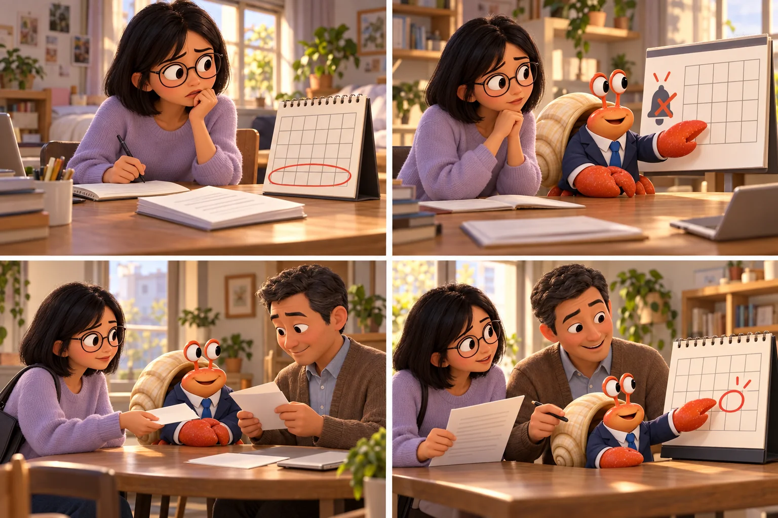 A student checks a calendar showing the lease expiry date.