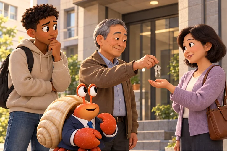 The former owner hands the keys to the new owner while the tenant watches.