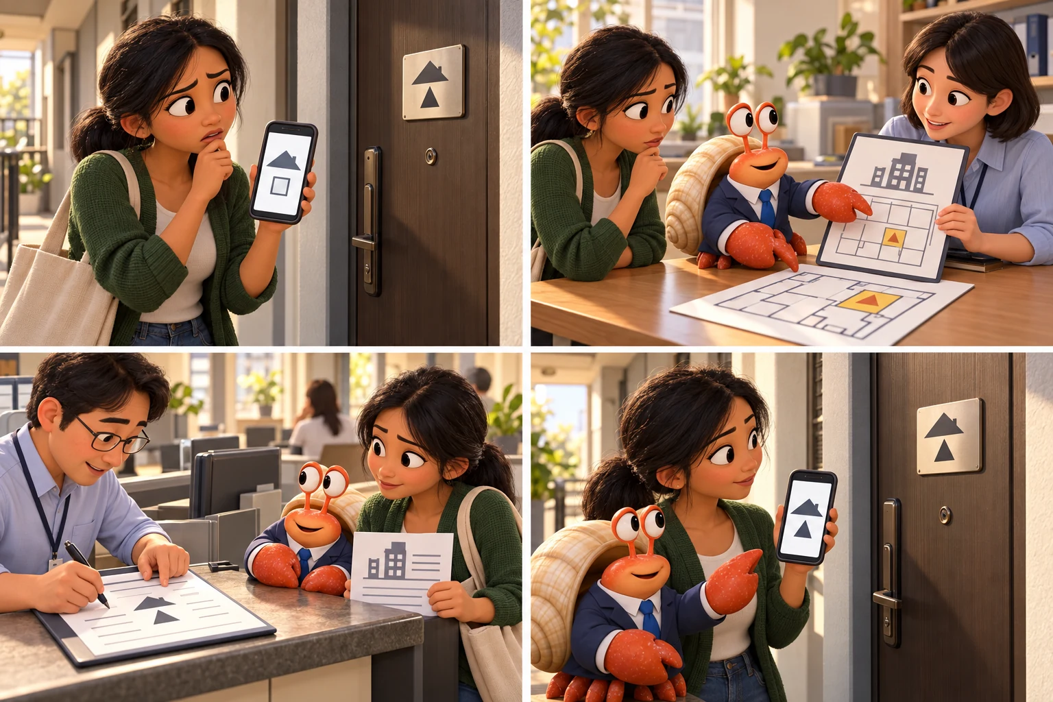A student compares the registered address on a phone with the entrance to the rented room.