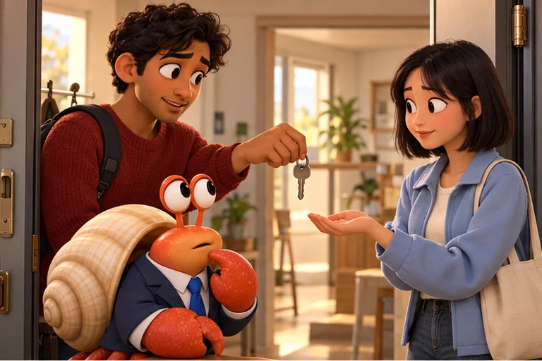 An existing tenant shows another student the room key.