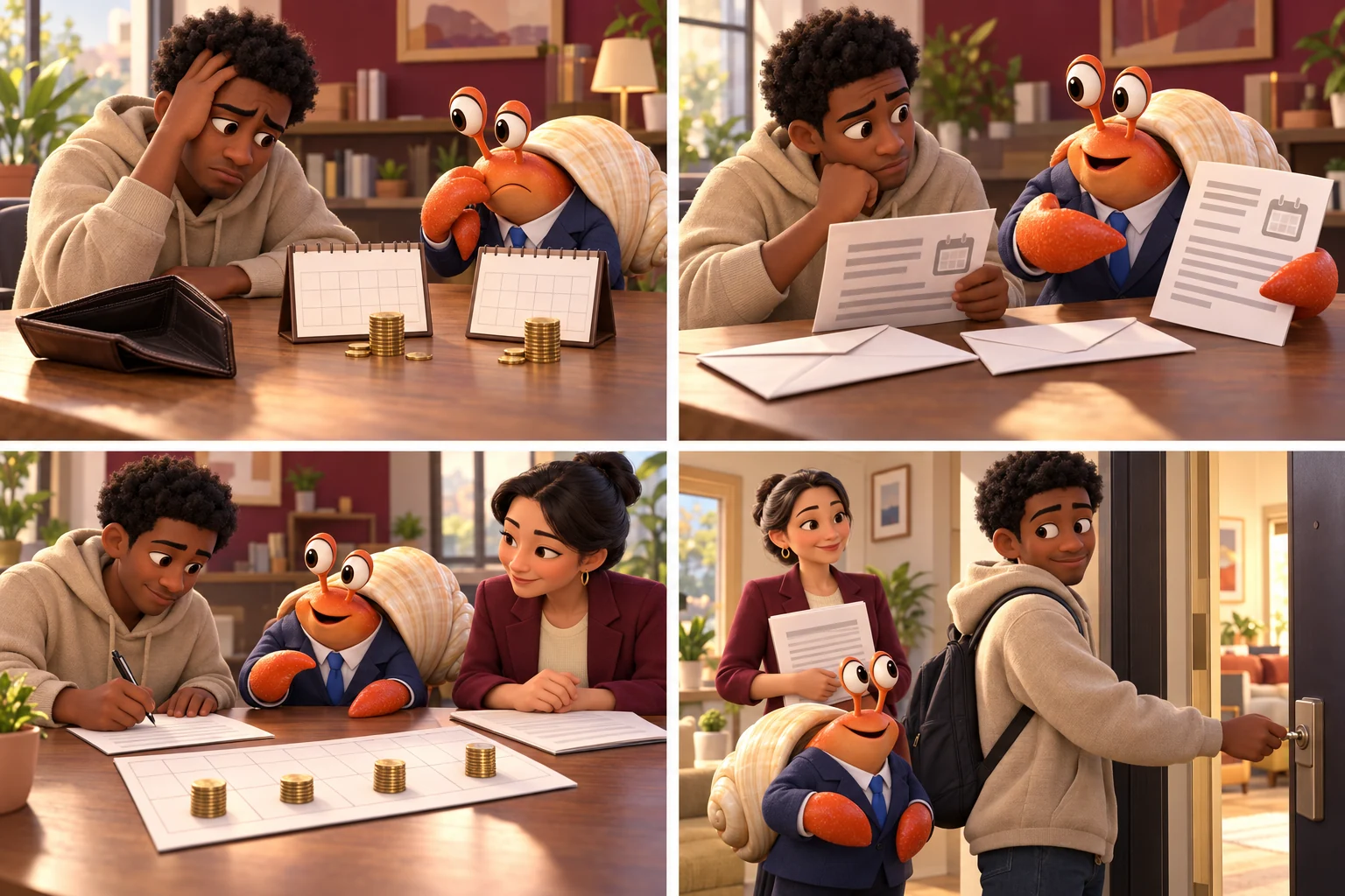 An adult student asks the hermit-crab realtor about late rent.